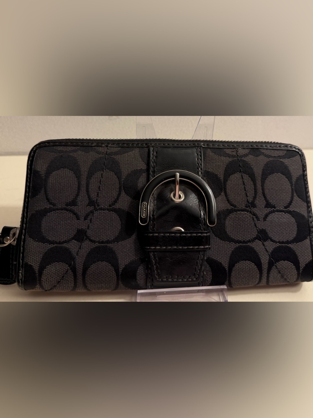Coach Black Campbell Signature Buckle Zip Around Accordion Wallet.